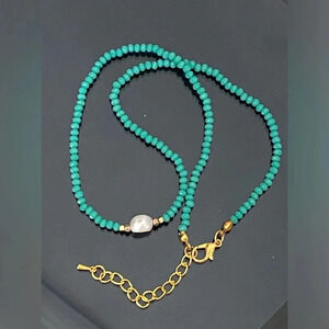 Handmade Teal Seed Bead Single Real Freshwater Pearl Necklace NEW